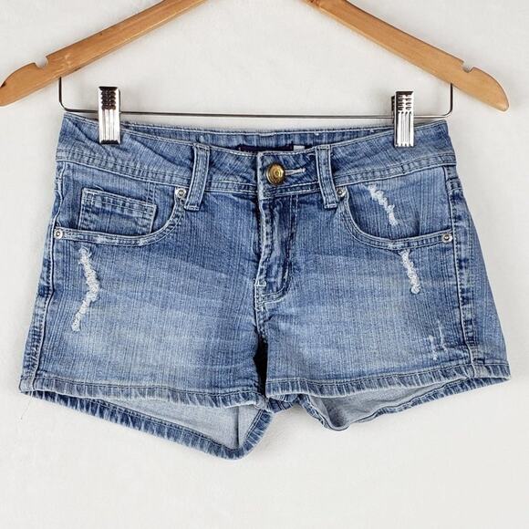 Vigoss Jean Shorts Women 0 Blue Distressed Denim Jewel Button Flap Pockets - Picture 1 of 7